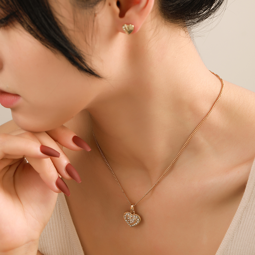 1 Piece 1 Pair Simple Style Heart Shape Alloy Inlay Rhinestones Womenu0027S Earrings Necklace