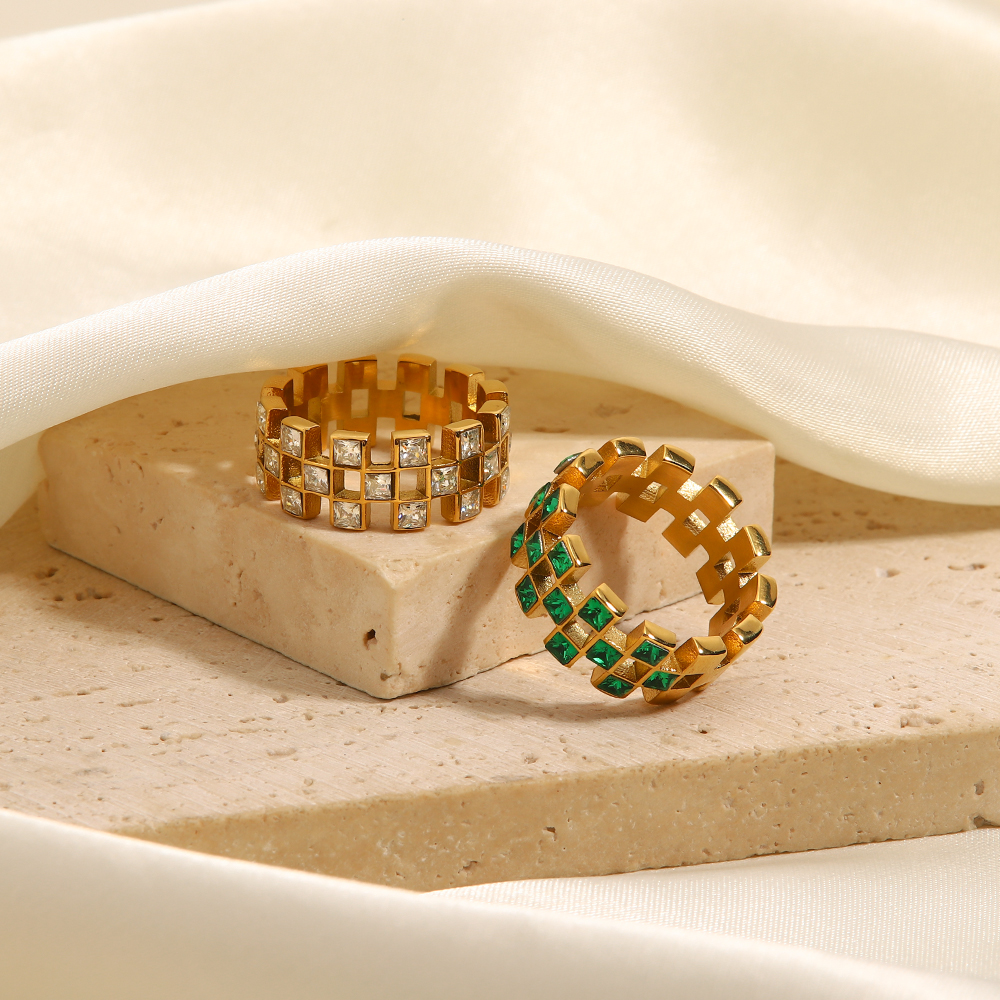 INS Style Lattice Stainless Steel Inlay Zircon Rings 1 Piece