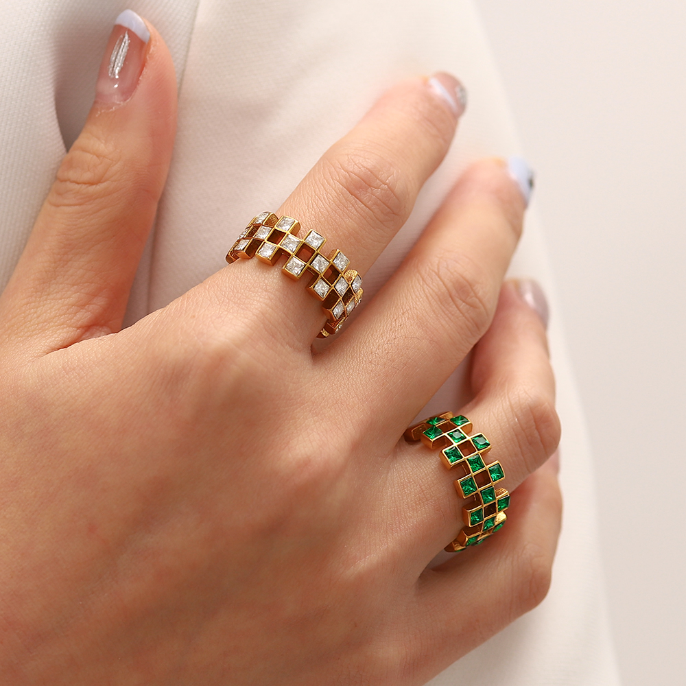 INS Style Lattice Stainless Steel Inlay Zircon Rings 1 Piece