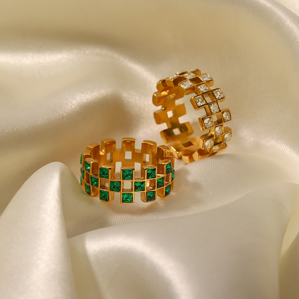 INS Style Lattice Stainless Steel Inlay Zircon Rings 1 Piece