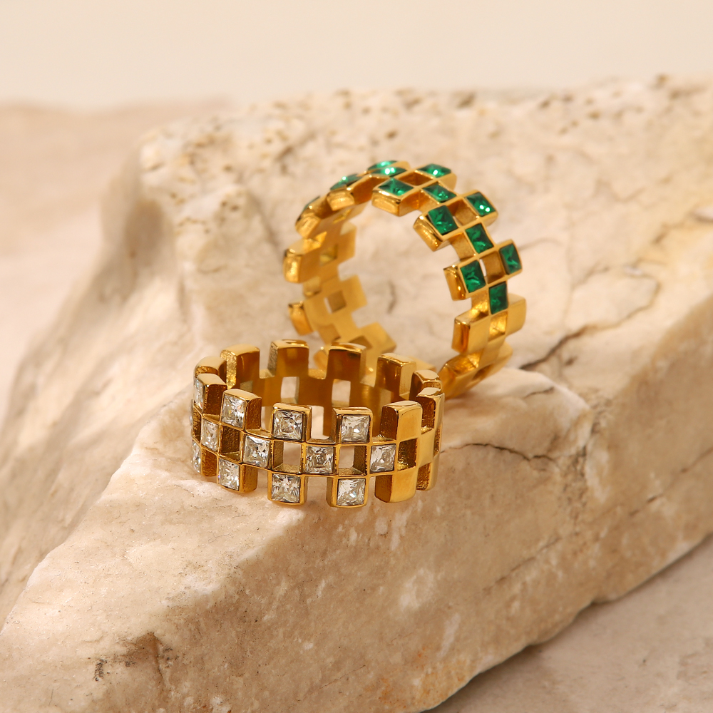 INS Style Lattice Stainless Steel Inlay Zircon Rings 1 Piece