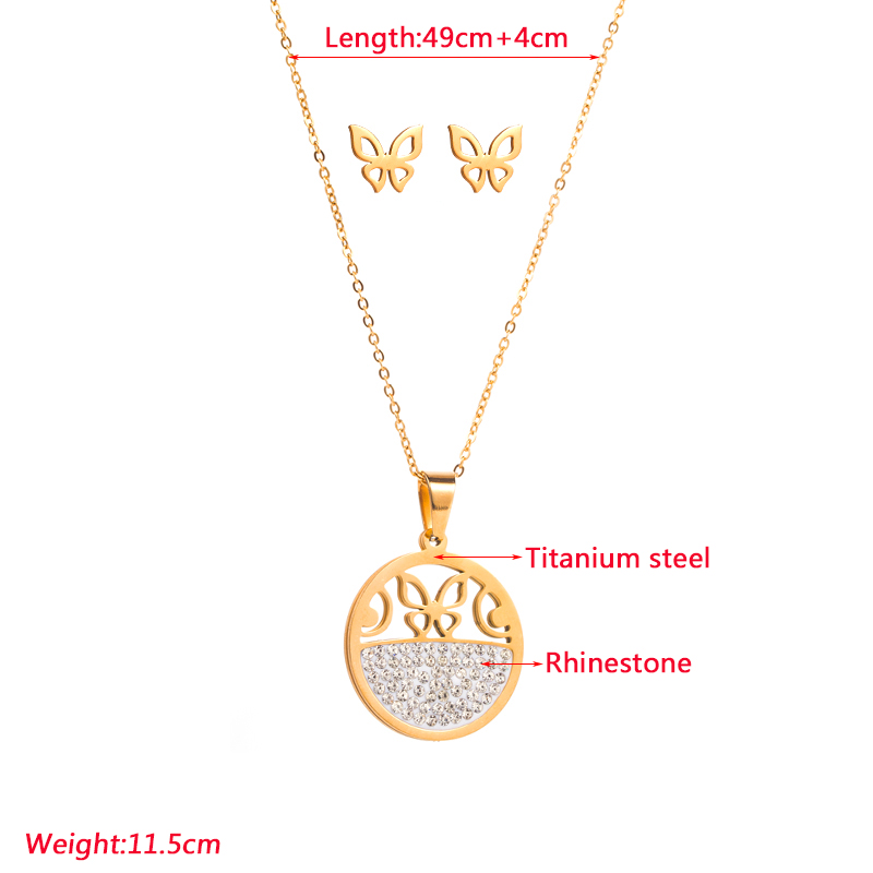 Fashion Flower Butterfly Titanium Steel Plating Inlay Rhinestones Earrings Necklace 1 Set