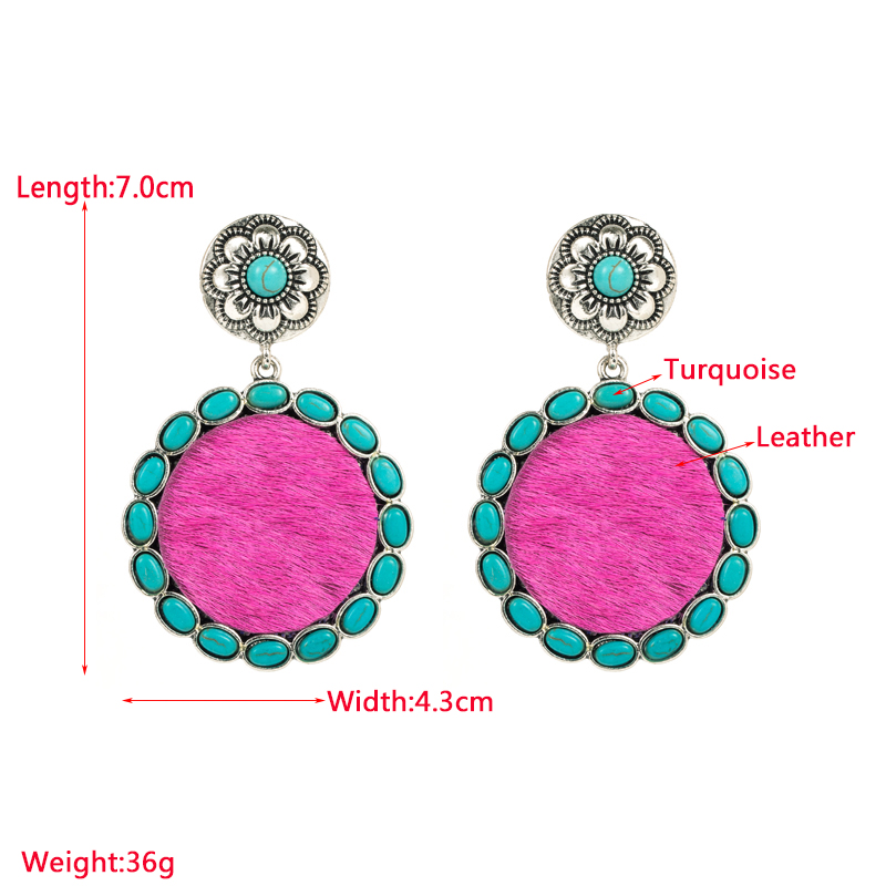 1 Pair Vintage Style Round Alloy Plating Inlay Artificial Leather Turquoise Womenu0027S Drop Earring