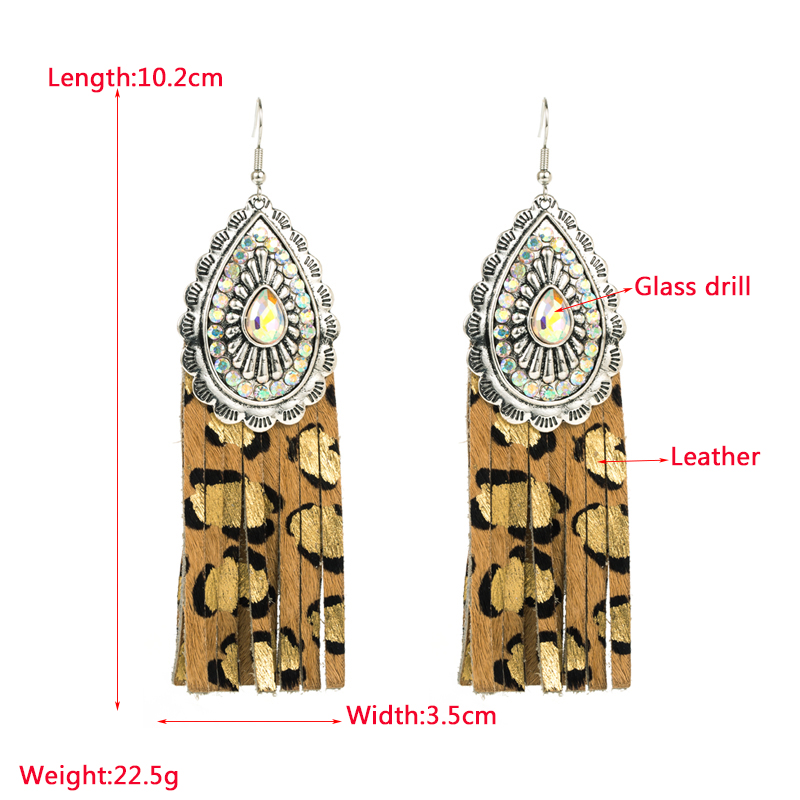 1 Pair Classic Style Water Droplets Tassel Leopard Pu Leather Alloy Tassel Artificial Rhinestones Wo