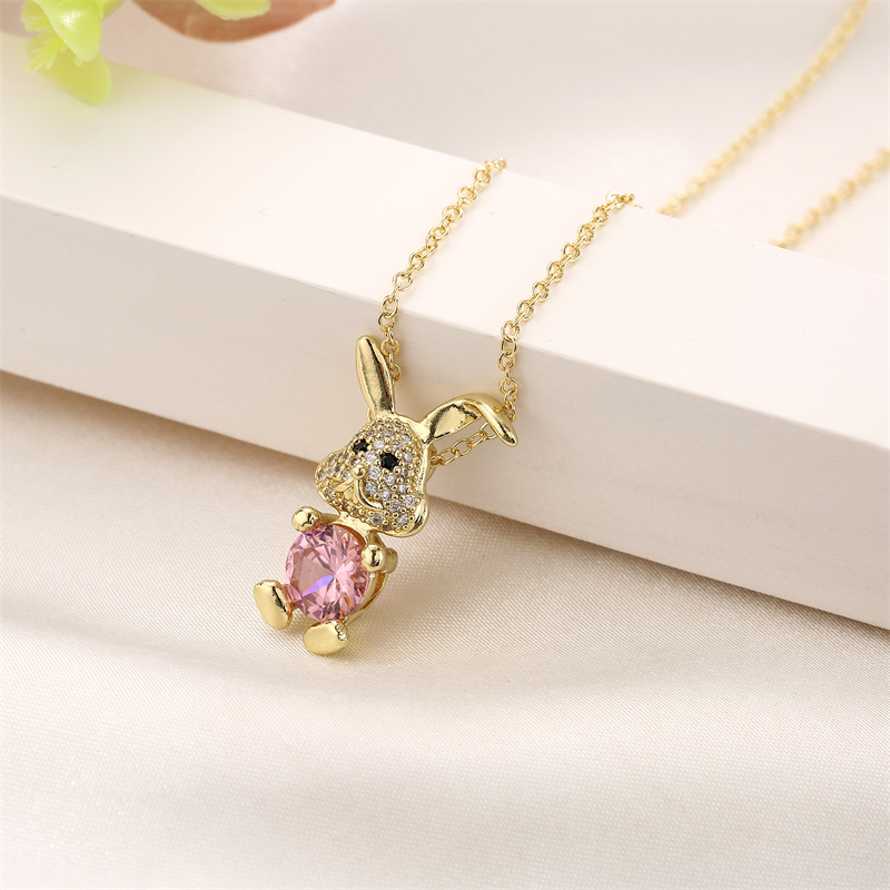 Fashion Rabbit Heart Shape Copper Enamel Inlay Zircon Pendant Necklace 1 Piece