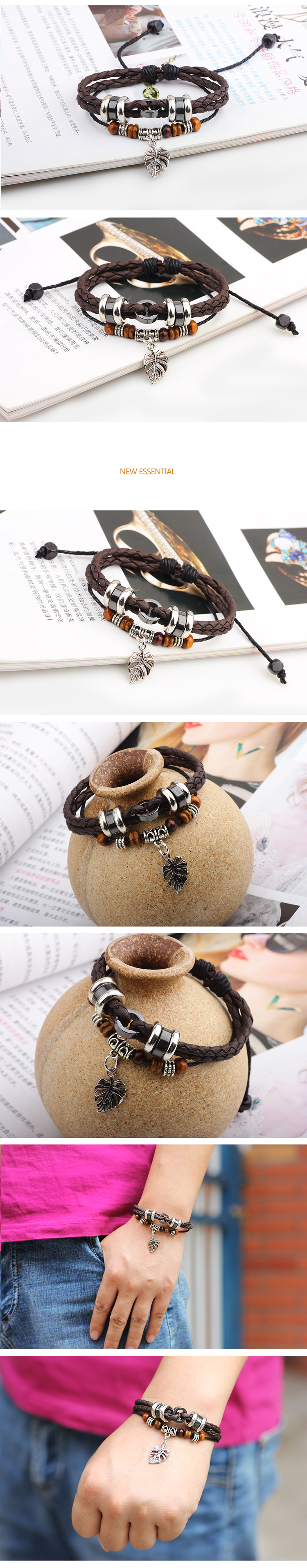 1 Piece Fashion Leaf Pu Leather Alloy Patchwork Menu0027S Bracelets