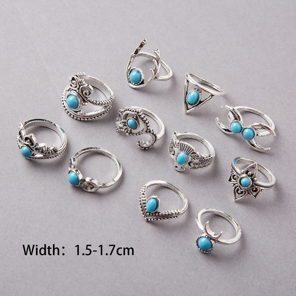 11 Pieces Retro Oval Bird Alloy Inlay Turquoise Womenu0027S Rings