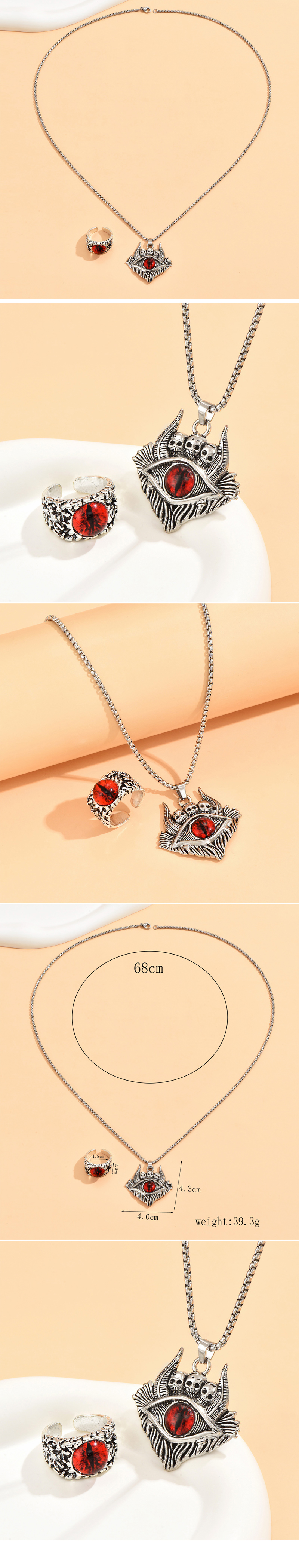 2 Piece Set Vintage Style Devilu0027S Eye Skull Alloy Carving Resin Menu0027S Rings Necklace Jewelry