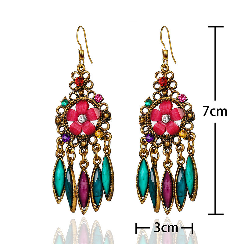 1 Pair Retro Water Droplets Flower Metal Inlay Artificial Gemstones Turquoise Womenu0027S Chandelier