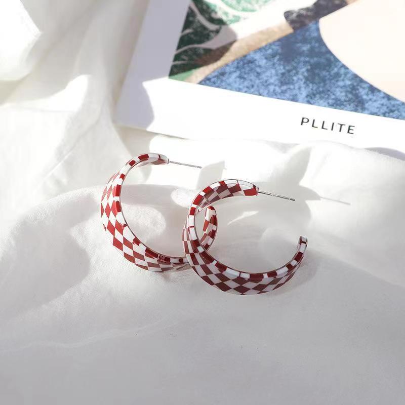 Simple Korean Style C- Shaped Grid Earrings Ins Style Classic Personalized Earrings