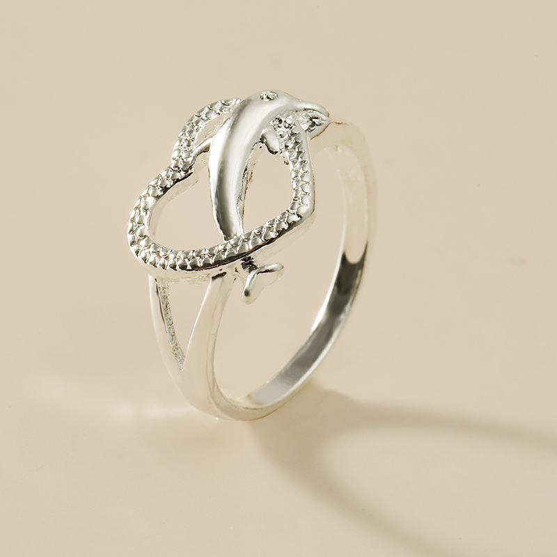 Fashion Ornament Hollow Heart-shaped Dolphin Marine Animal Alloy Ring