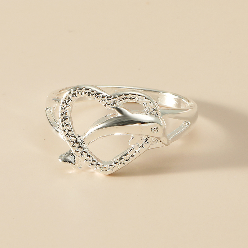 Fashion Ornament Hollow Heart-shaped Dolphin Marine Animal Alloy Ring