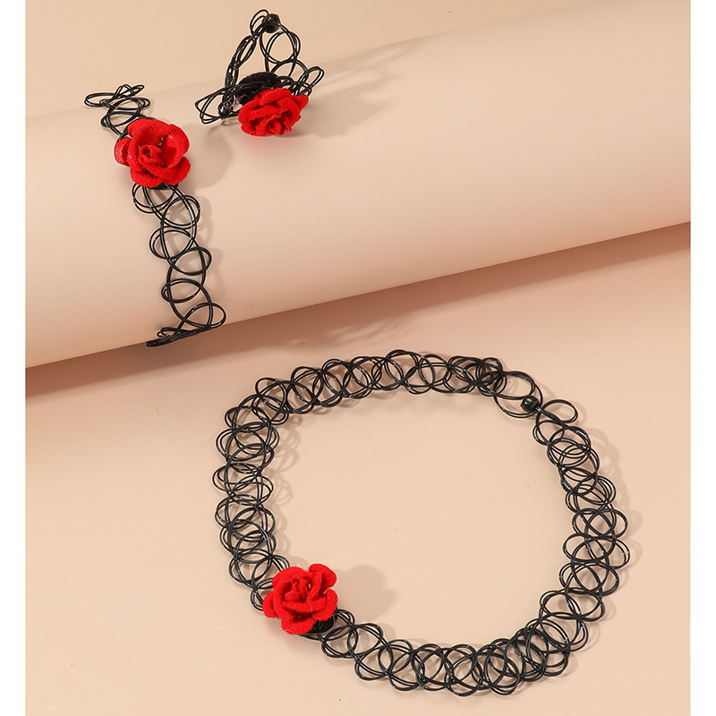 Formal Dress Accessories Summer Hollow Elastic String Red Rose Necklace Bracelet Ring Set