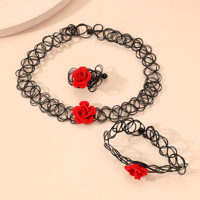 Formal Dress Accessories Summer Hollow Elastic String Red Rose Necklace Bracelet Ring Set