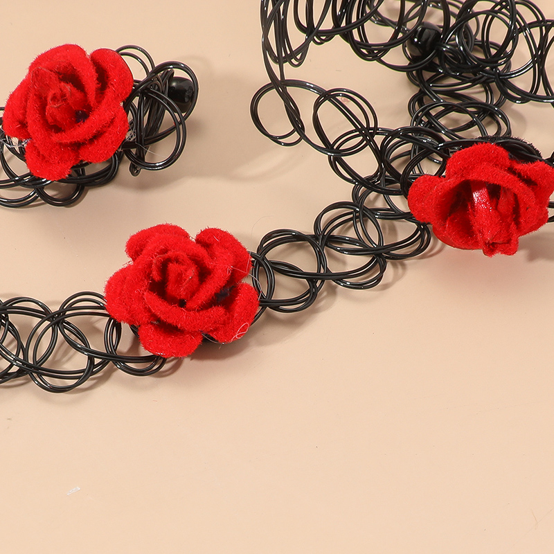 Formal Dress Accessories Summer Hollow Elastic String Red Rose Necklace Bracelet Ring Set