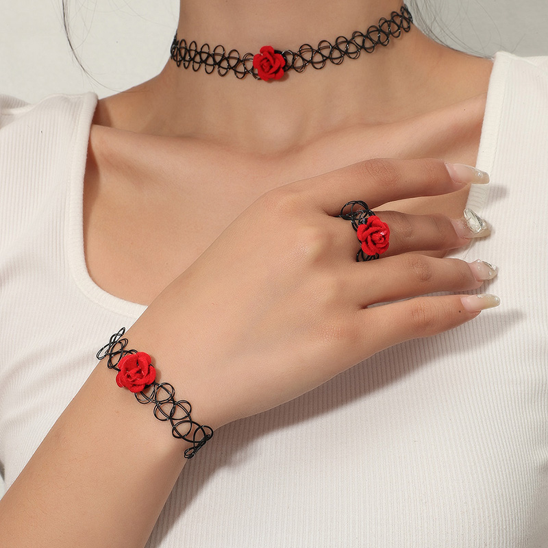 Formal Dress Accessories Summer Hollow Elastic String Red Rose Necklace Bracelet Ring Set