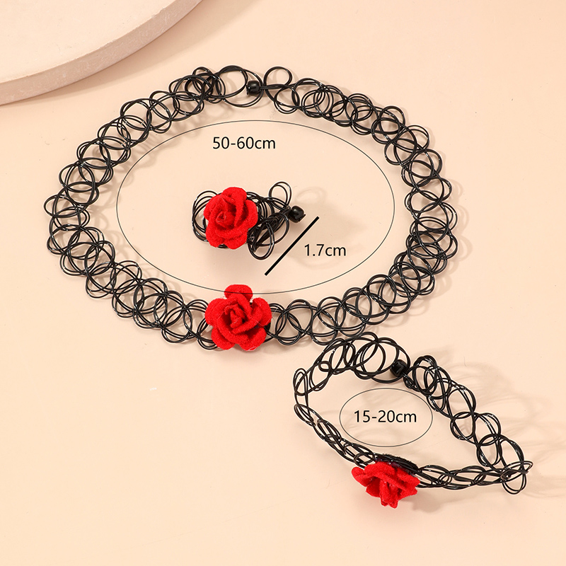 Formal Dress Accessories Summer Hollow Elastic String Red Rose Necklace Bracelet Ring Set