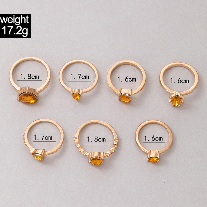 Ornament Diamond Alloy Seven-Piece Yellow Imitation Geometric Irregular Ring Set