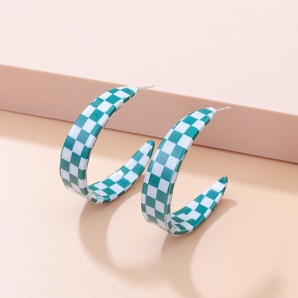Fashion Chessboard Lattice C- Ring Color-Contrast Check Earrings Acrylic