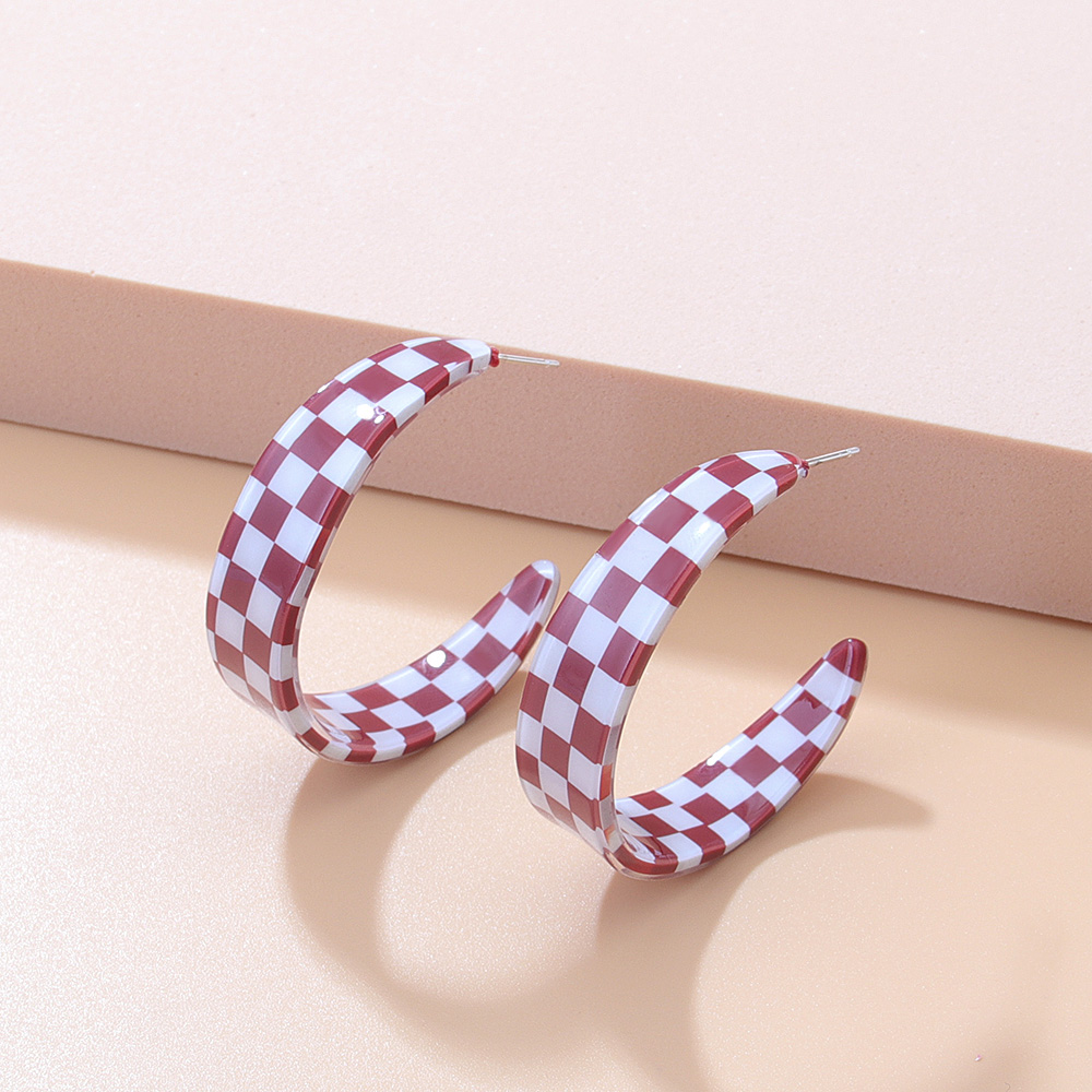 Fashion Chessboard Lattice C- Ring Color-Contrast Check Earrings Acrylic