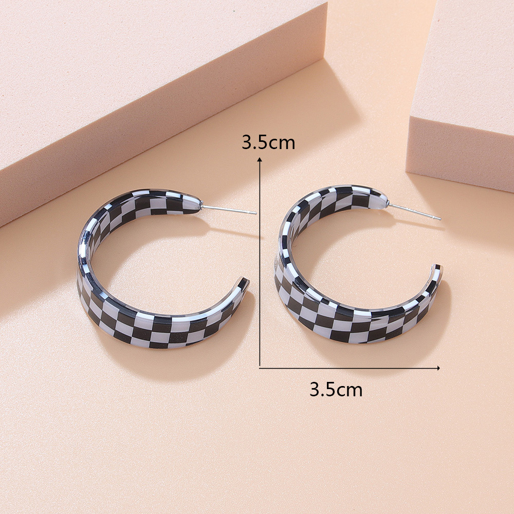 Fashion Chessboard Lattice C- Ring Color-Contrast Check Earrings Acrylic