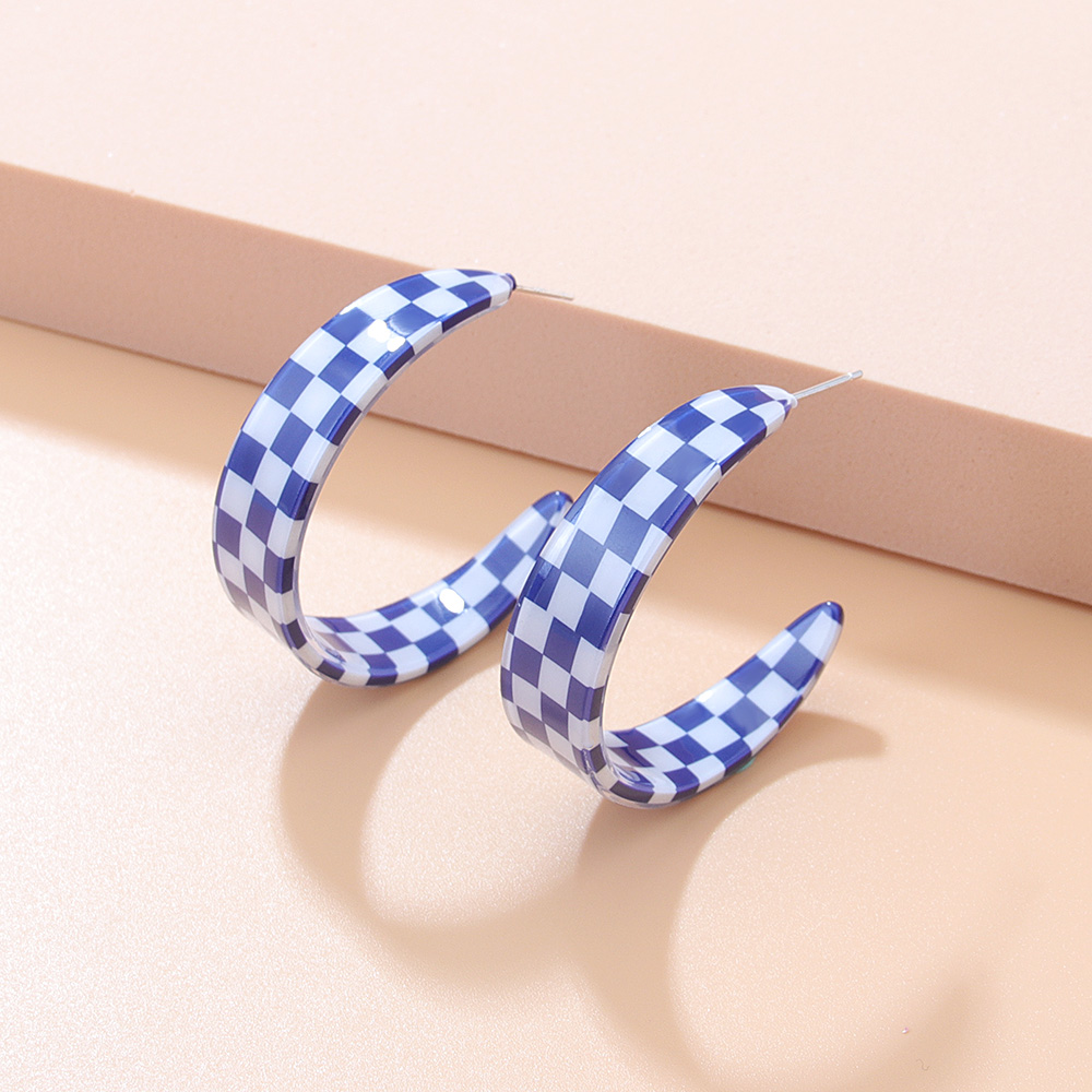 Fashion Chessboard Lattice C- Ring Color-Contrast Check Earrings Acrylic