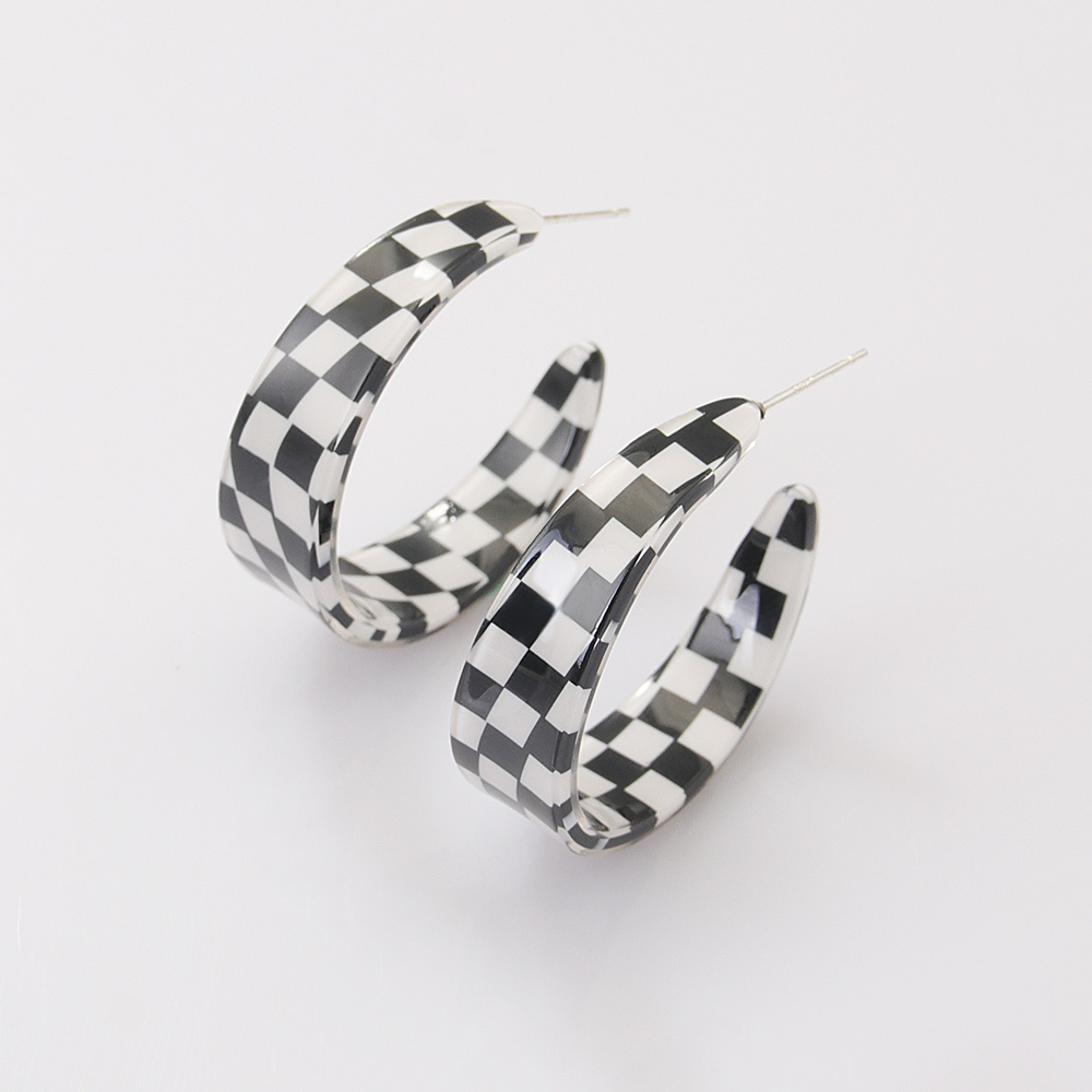 Fashion Chessboard Lattice C- Ring Color-Contrast Check Earrings Acrylic