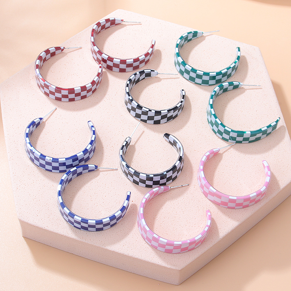 Fashion Chessboard Lattice C- Ring Color-Contrast Check Earrings Acrylic