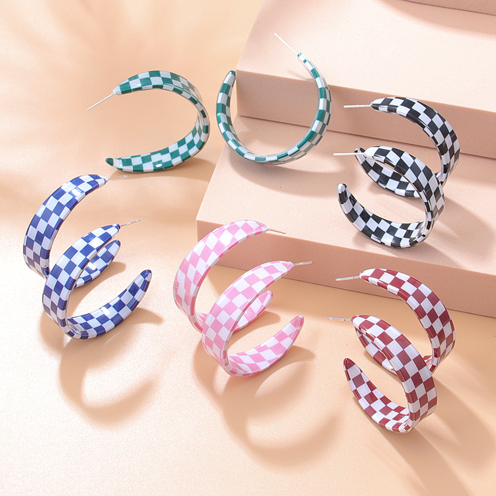Fashion Chessboard Lattice C- Ring Color-Contrast Check Earrings Acrylic