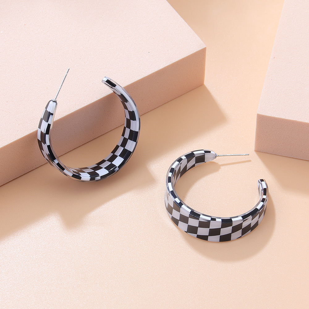Fashion Chessboard Lattice C- Ring Color-Contrast Check Earrings Acrylic
