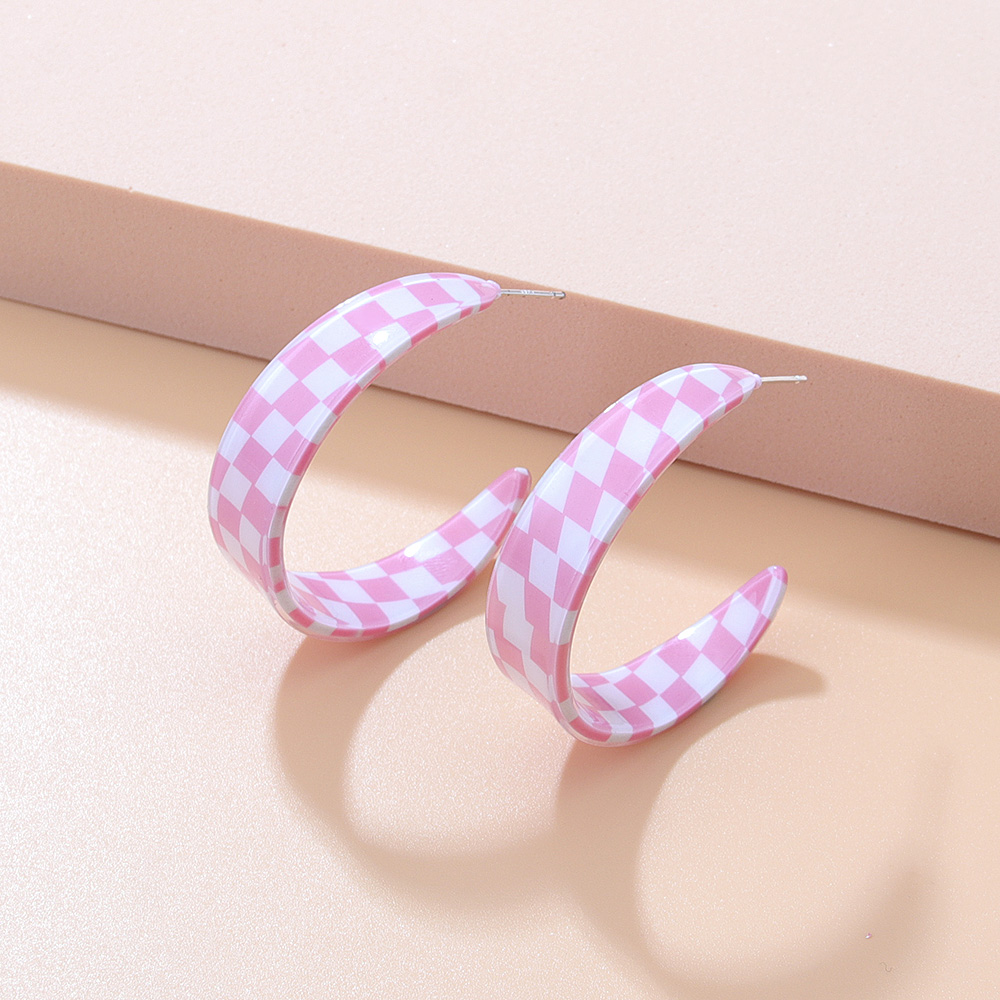 Fashion Chessboard Lattice C- Ring Color-Contrast Check Earrings Acrylic