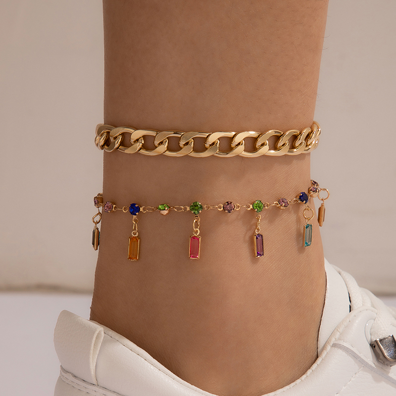 New Bohemian Alloy Double-Circle Anklet Fashion Color Diamond Tassel Multi-Layer Foot Ornaments