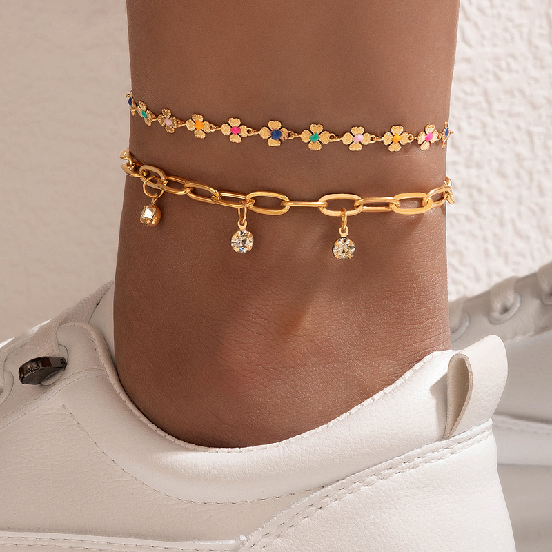 New Bohemian Alloy Double-Circle Anklet Fashion Color Diamond Tassel Multi-Layer Foot Ornaments