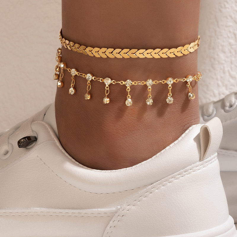 New Bohemian Alloy Double-Circle Anklet Fashion Color Diamond Tassel Multi-Layer Foot Ornaments