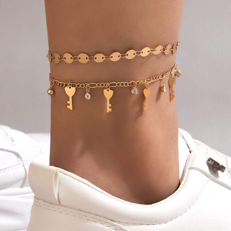 New Bohemian Alloy Double-Circle Anklet Fashion Color Diamond Tassel Multi-Layer Foot Ornaments