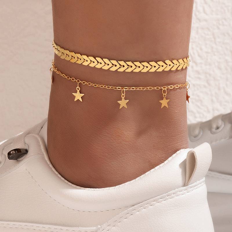 New Bohemian Alloy Double-Circle Anklet Fashion Color Diamond Tassel Multi-Layer Foot Ornaments