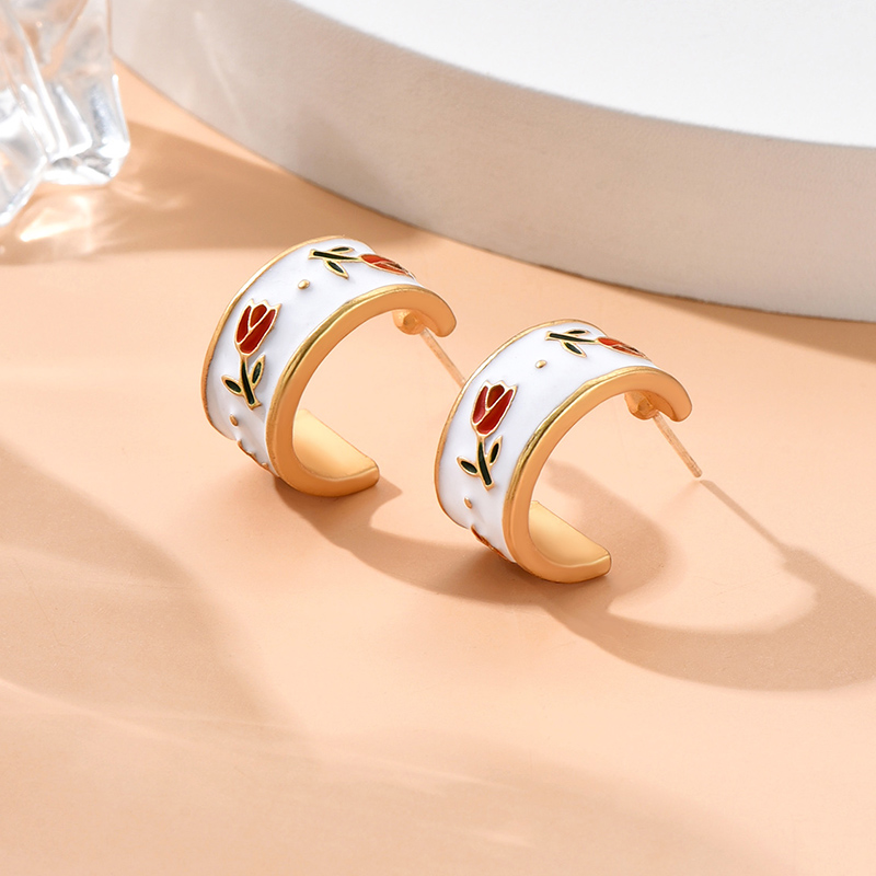 Fashion Retro Tulip Milk Tea round Earrings Alloy Print