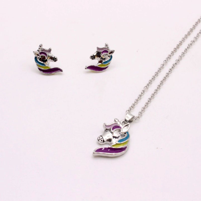 Fashion Ornament Unicorn Necklace Colorful Pony Clavicle Chain Earings Alloy Set