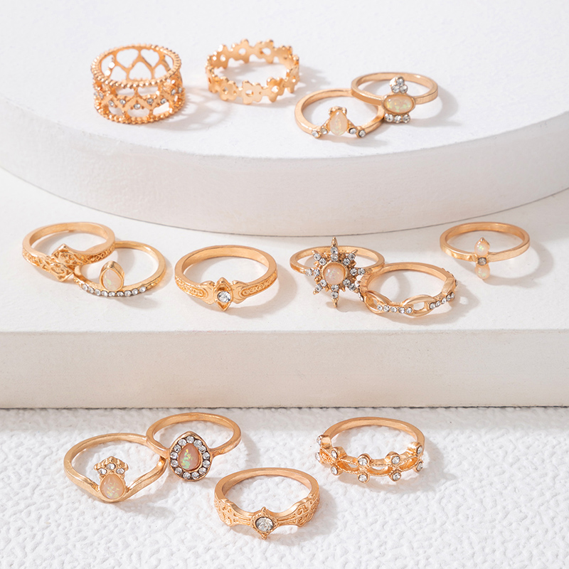 New Diamond-Studded Six-Pointed Star Drop-Shaped Ring 14-Piece Set