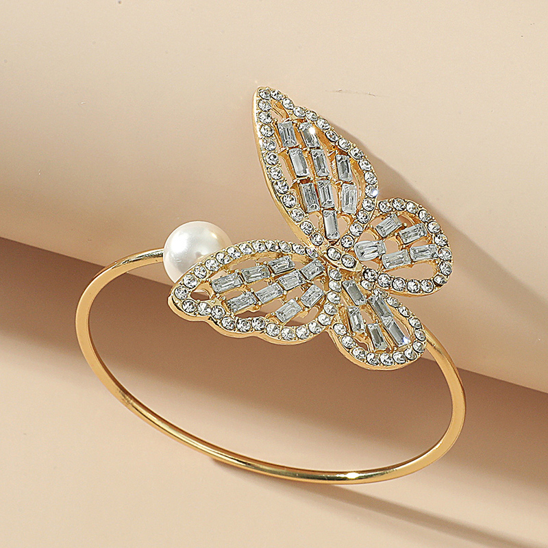 simple Hollow butterfly shape inlaid rhinestone pearl Opening Bracelet