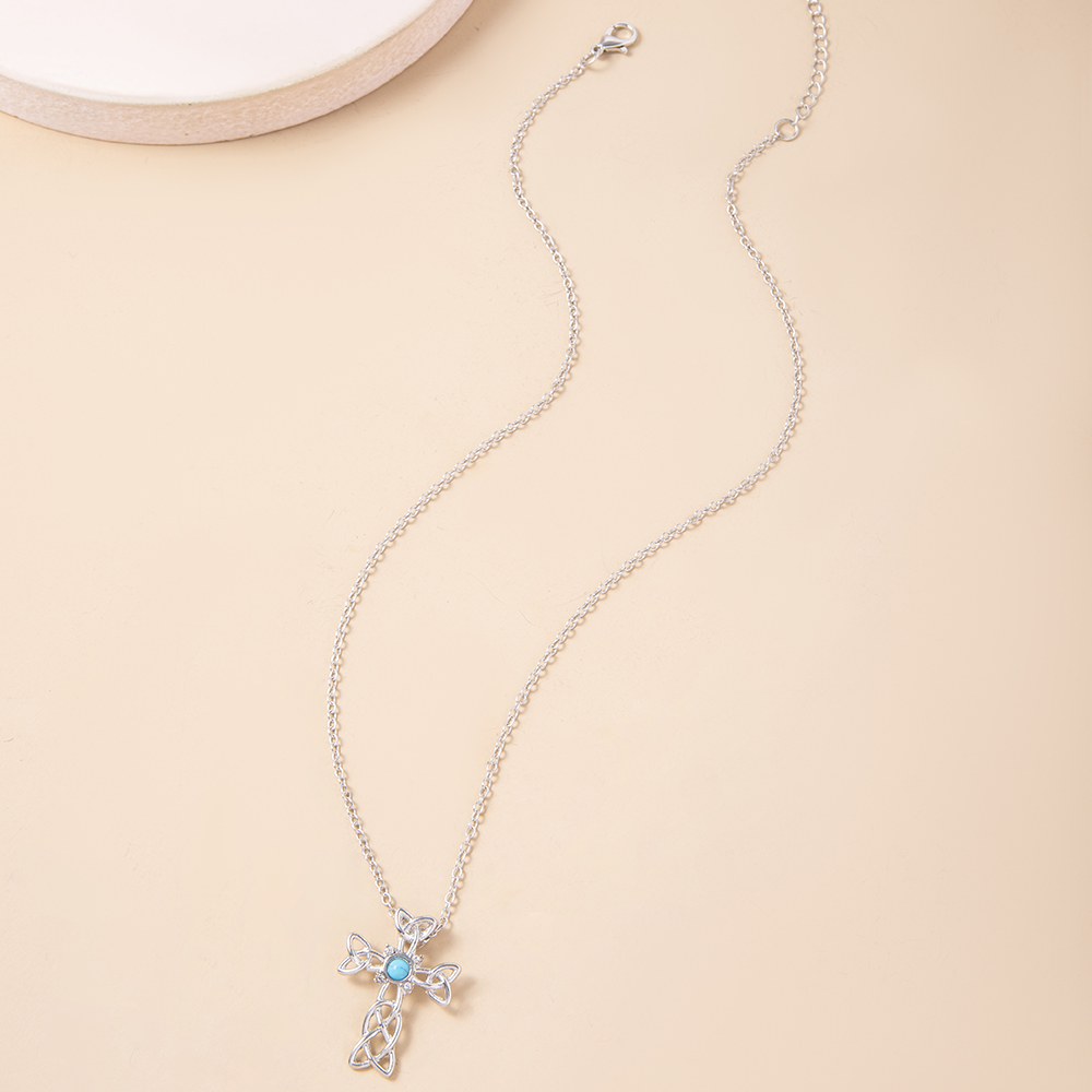 fashion hollow cross inlaid turquoise pendant alloy necklace