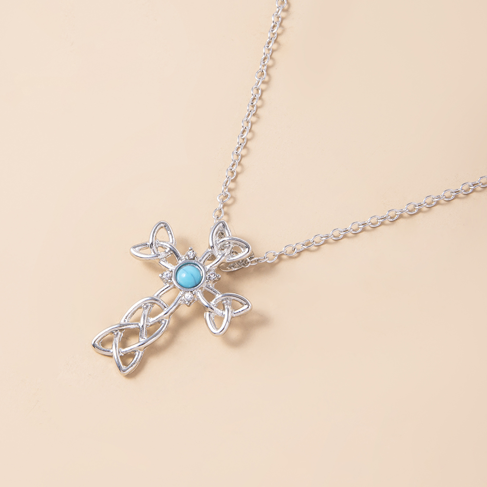 fashion hollow cross inlaid turquoise pendant alloy necklace