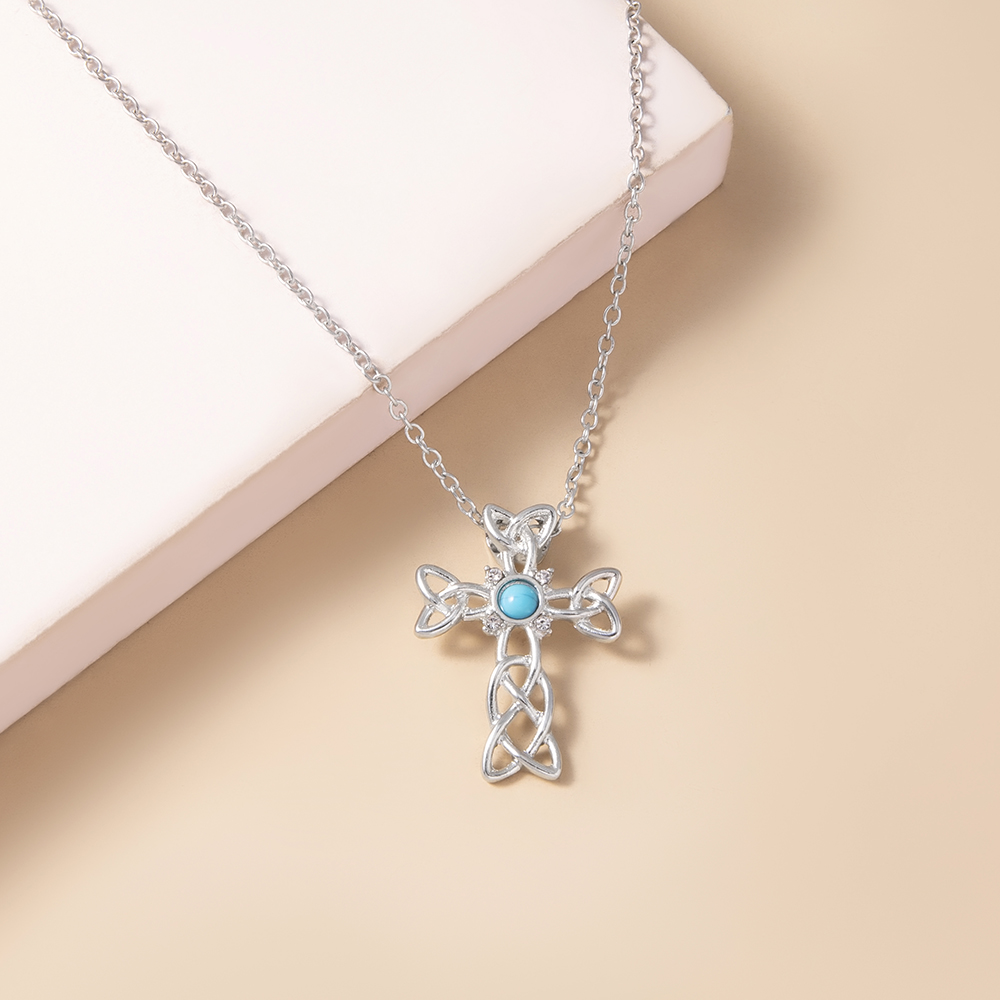 fashion hollow cross inlaid turquoise pendant alloy necklace