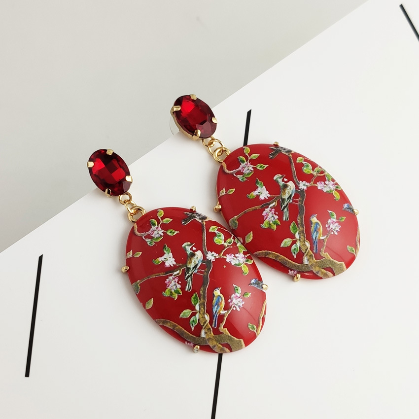 fashion Hummingbird Resin Oval Resin Printed pendant earrings