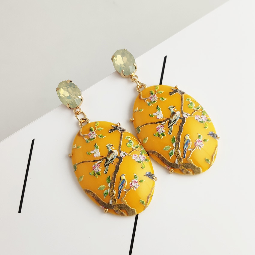 fashion Hummingbird Resin Oval Resin Printed pendant earrings