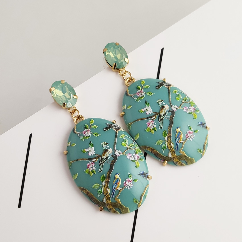 fashion Hummingbird Resin Oval Resin Printed pendant earrings