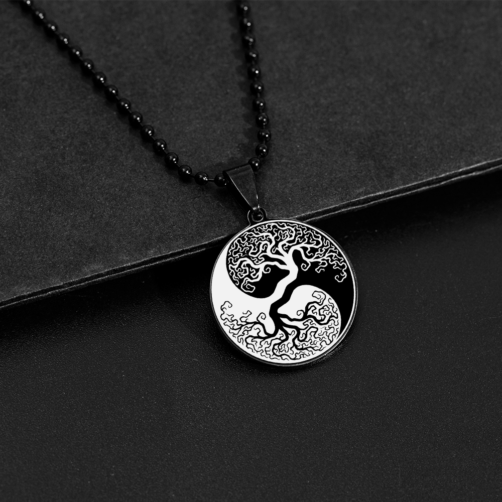 Fashion Tree Flower Dragon Phoenix Totem White Black Bead Stainless Steel Necklace