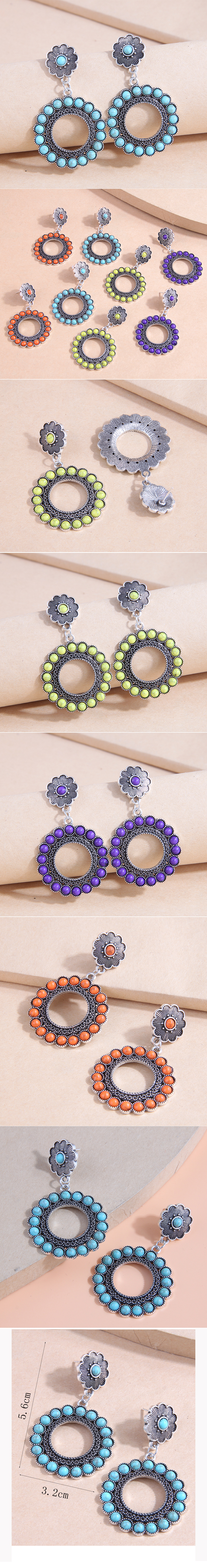 Fashion Vintage Inlaid Turquoise Alloy Simple Circle Earrings