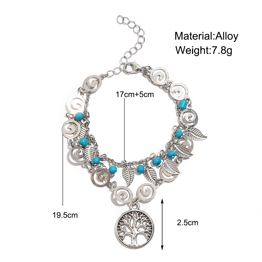 Creative Life Tree Bohemia Turquoise Leaf Pendant Double-Circle Alloy Anklet