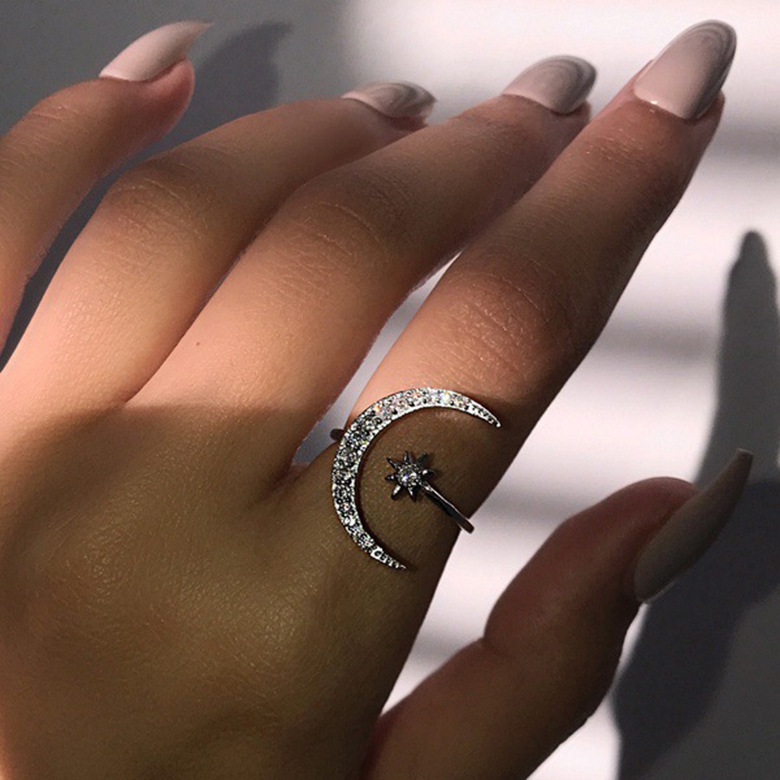 Fashion Simple Rhinestone Geometric Star Moon Opening Ring